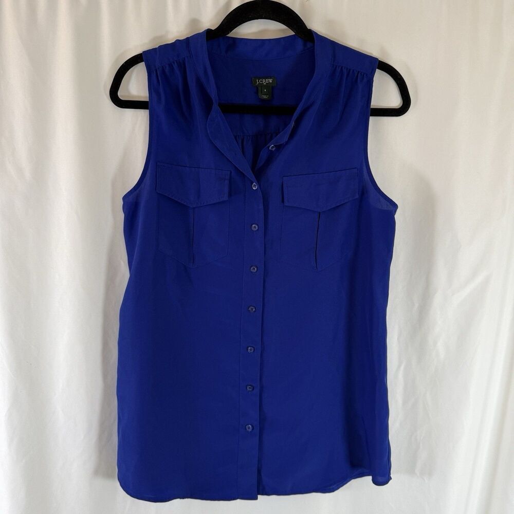 J Crew Blouse Women's 8 Blue Sleeveless Button Up Lightweight Pockets